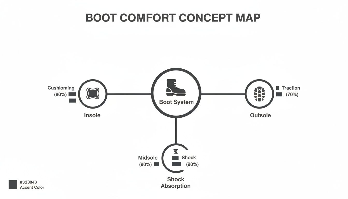 A concept map detailing boot comfort components: insole, outsole, and shock absorption, with their respective performance percentages.