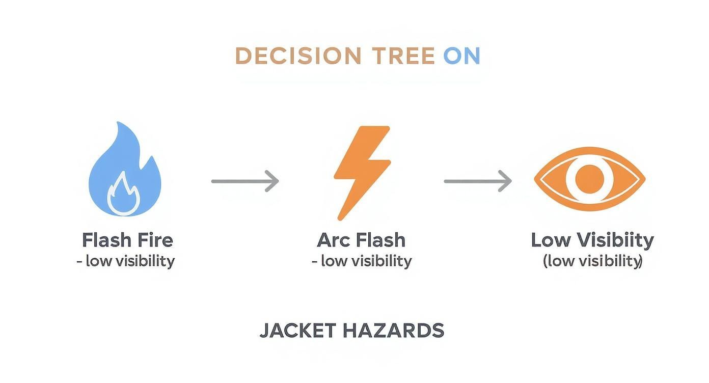Decision tree diagram illustrating jacket hazards: flash fire, arc flash, and low visibility conditions.
