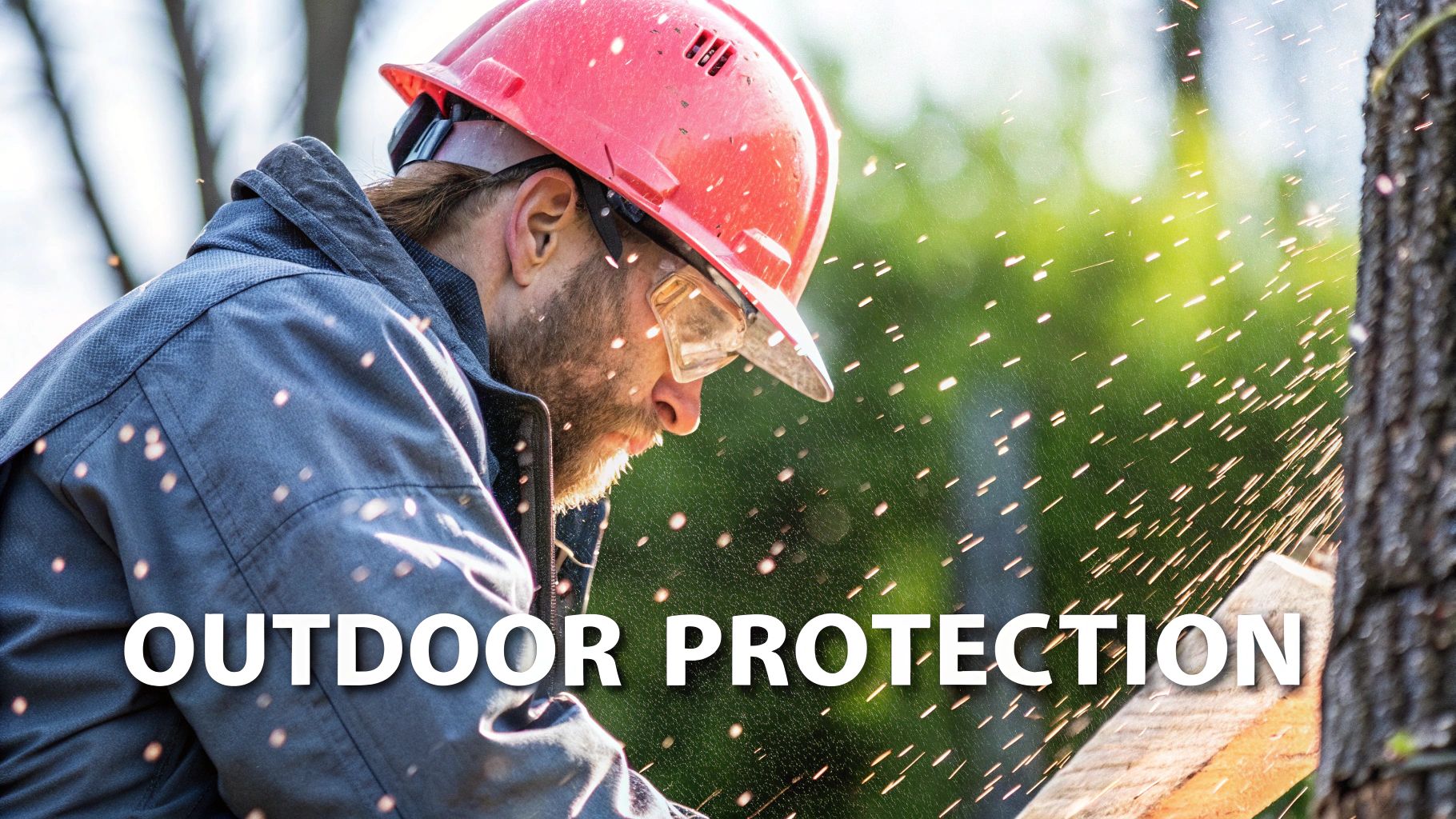Worker in red hard hat and safety glasses cutting wood outdoors, emphasizing protection.