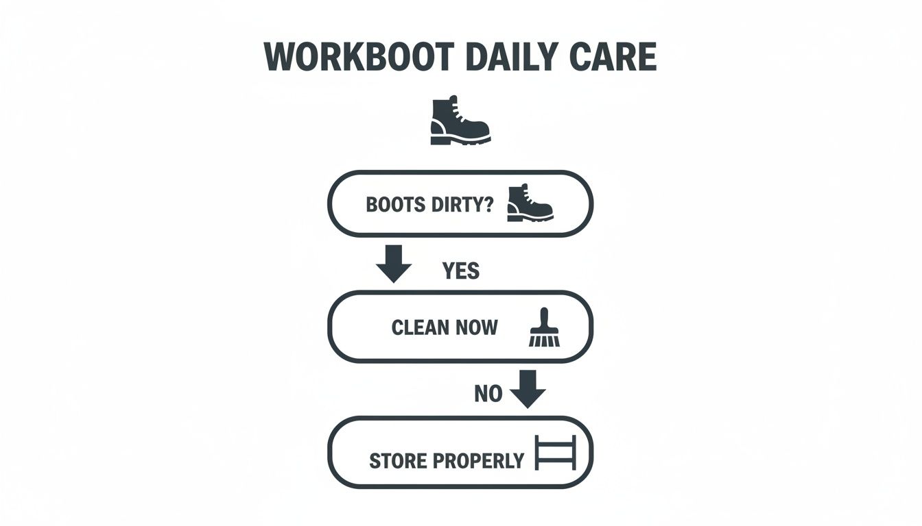 A flowchart for workboot daily care showing steps to clean and properly store boots.