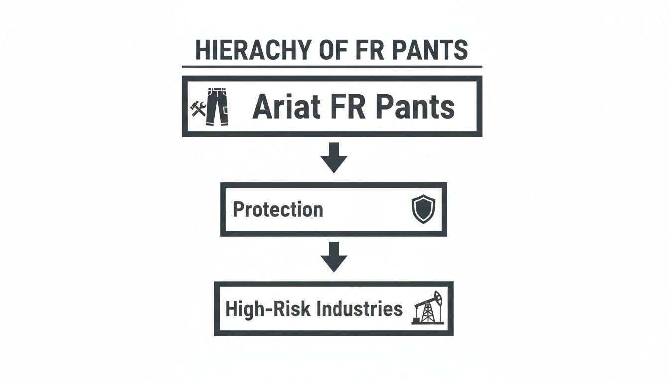 Hierarchy diagram showing Ariat FR pants provide protection for high-risk industries like oil and gas.