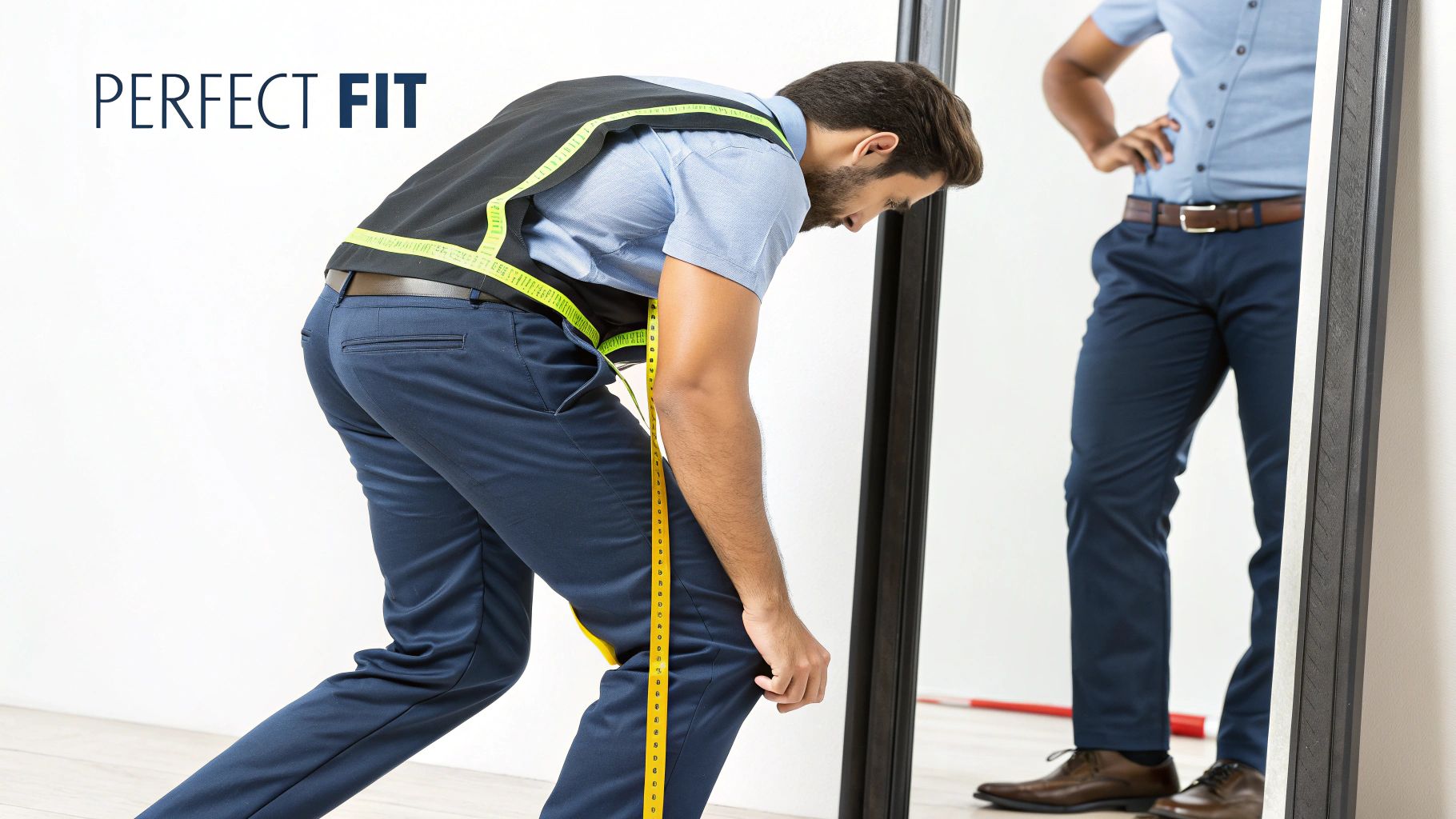 Man in blue pants and shirt with a measuring tape, checking his fit in a mirror.