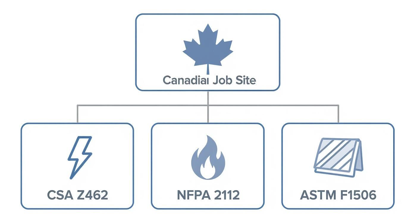 Diagram showing Canadian job site safety standards for electrical, flame-resistant clothing, and textiles.