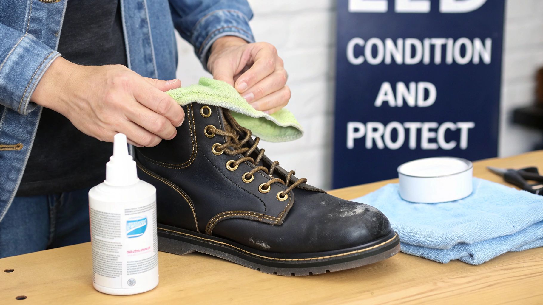 A person uses a green cloth to clean and condition a black leather work boot on a wooden table.