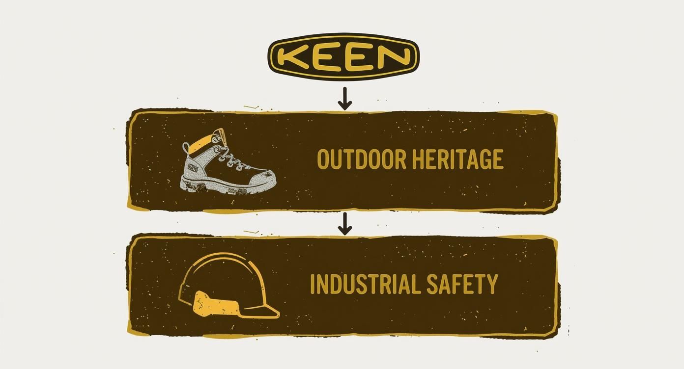 KEEN logo, with arrows pointing to outdoor heritage work boots and industrial safety hard hats.