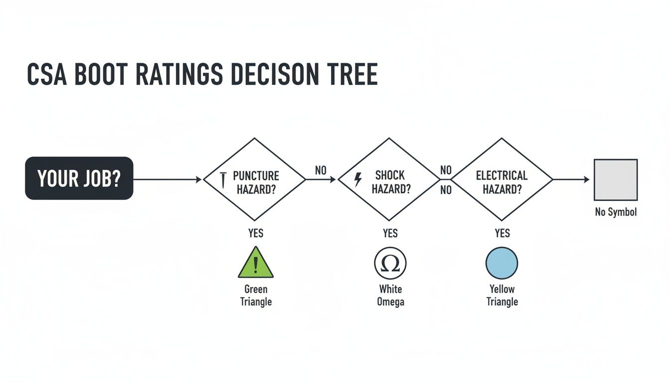 Decision tree illustrating CSA boot ratings based on puncture, shock, and electrical hazards.