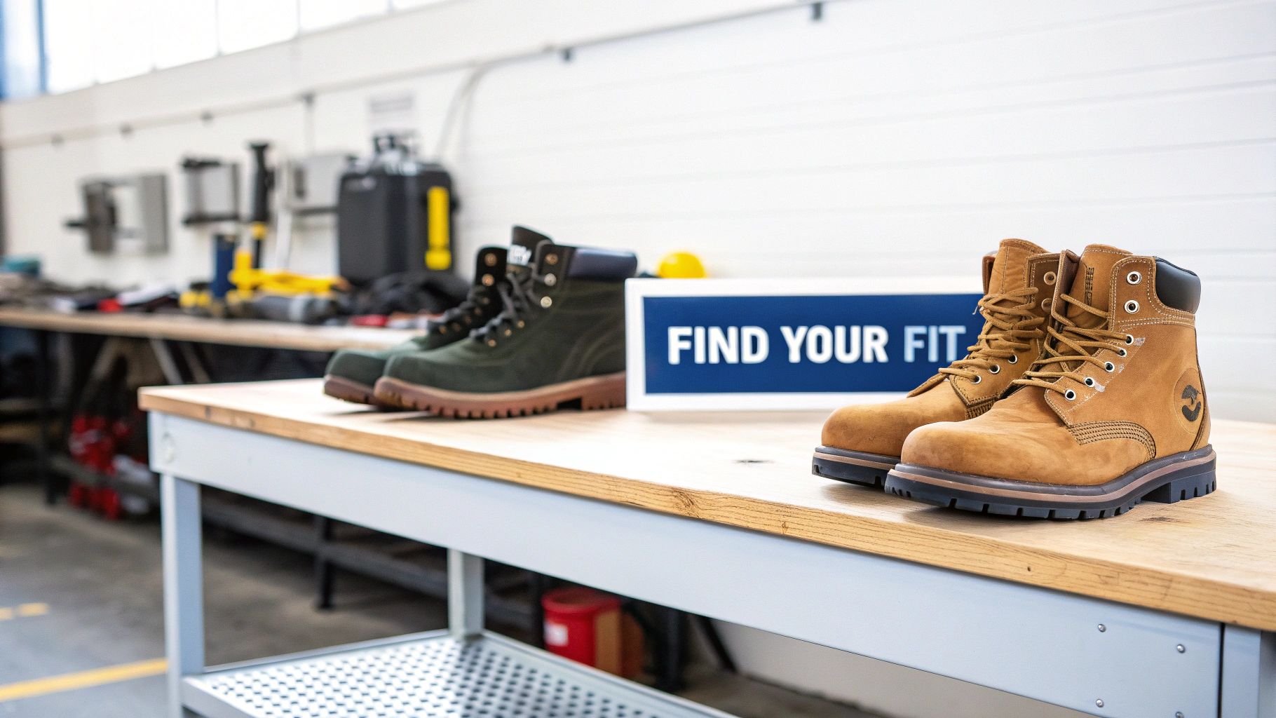 Two pairs of work boots, one tan and one green, displayed on a wooden workbench in a workshop.