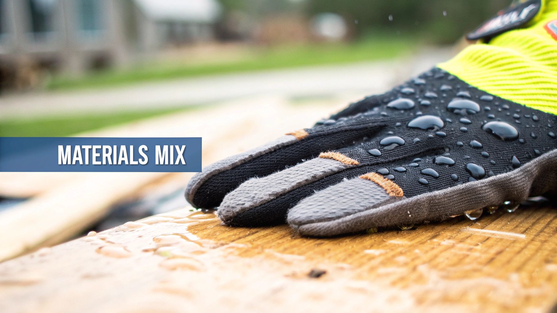 Close-up of a worker's hand in a water-resistant glove covered in raindrops on a wooden surface.