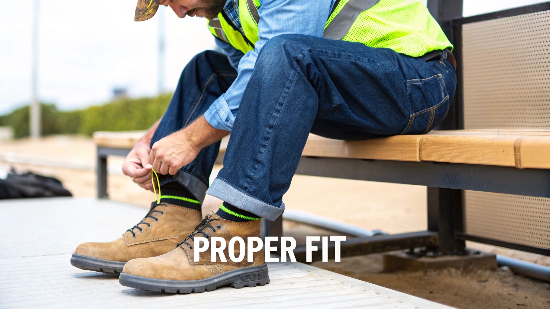 Man in a work vest and jeans tying the bright yellow laces of his tan work boots on a bench.