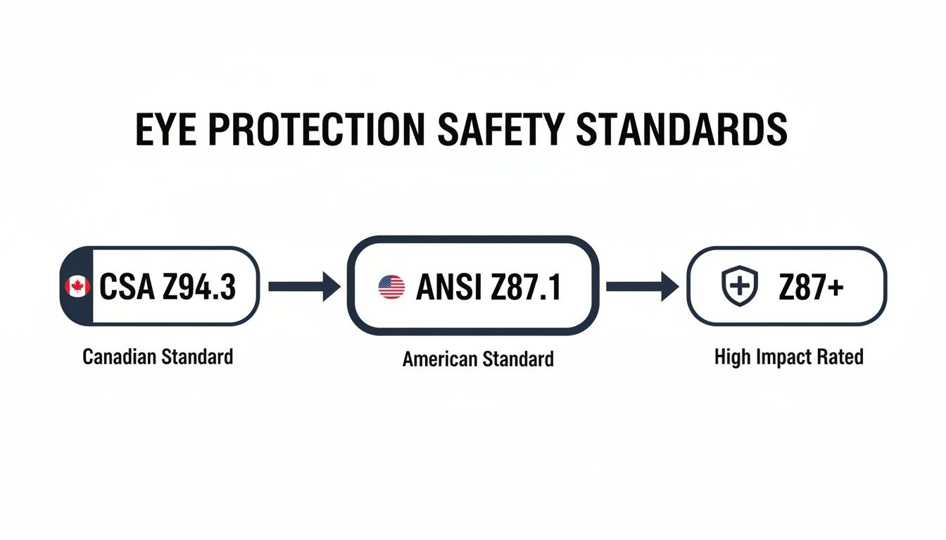 Flowchart illustrating eye protection safety standards: Canadian CSA Z94.3, American ANSI Z87.1, and high impact rated Z87+.