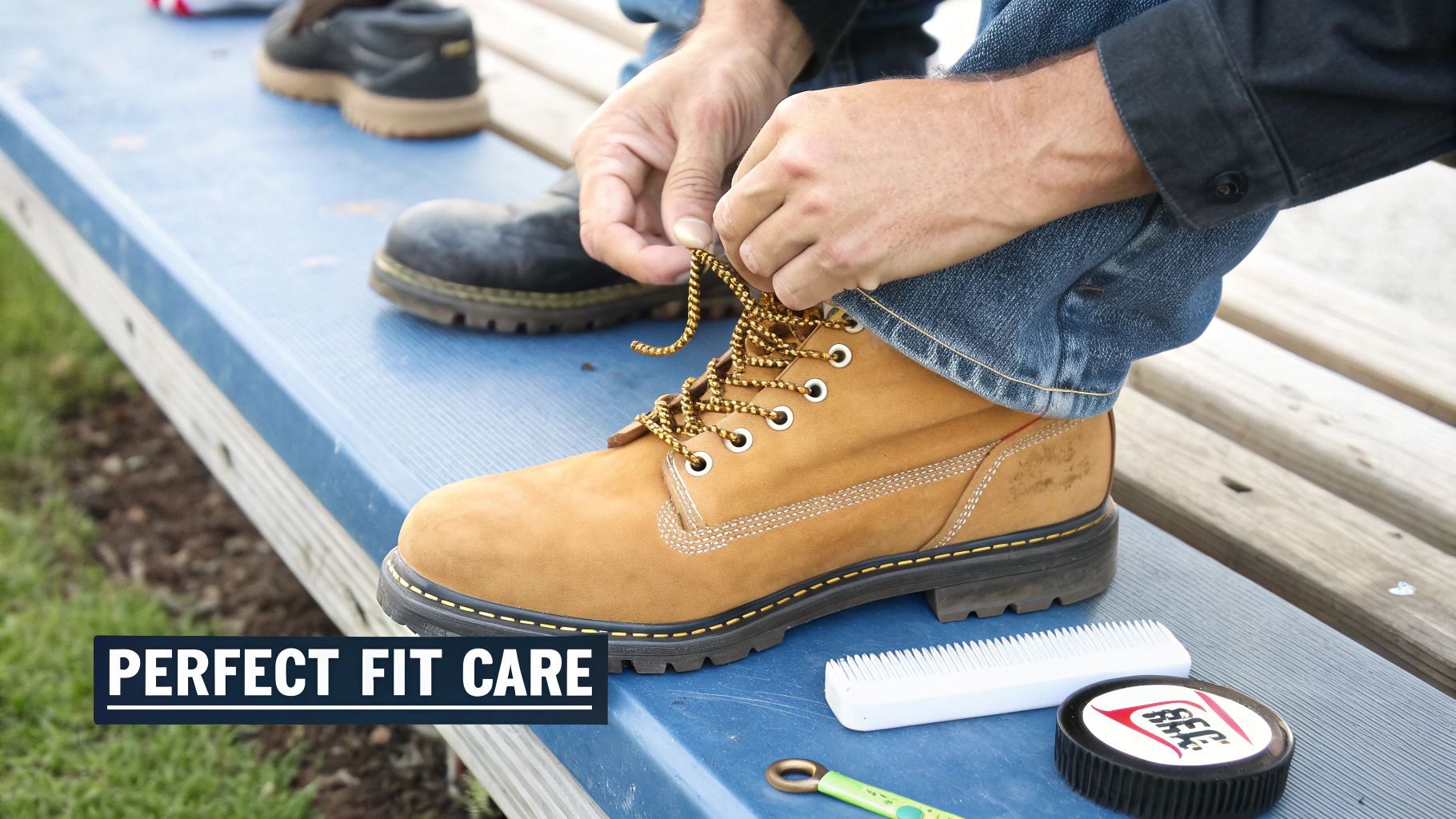 A person sitting on a blue bench ties the golden laces of a tan work boot, with other boots and shoe care items visible.