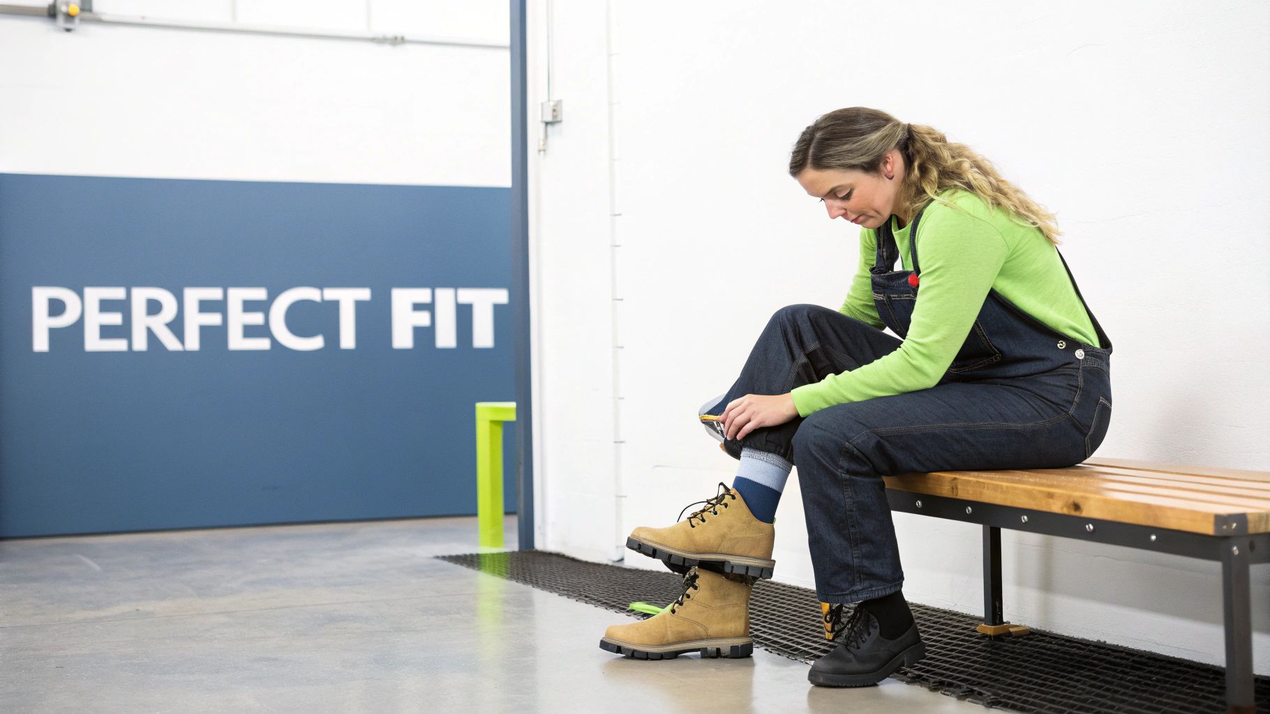 A woman in overalls sits on a bench, trying on tan work boots with striped socks, near a "PERFECT FIT" sign.