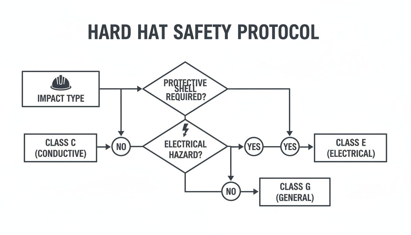 Flowchart illustrating hard hat safety protocol to classify hard hats based on impact and electrical hazards.