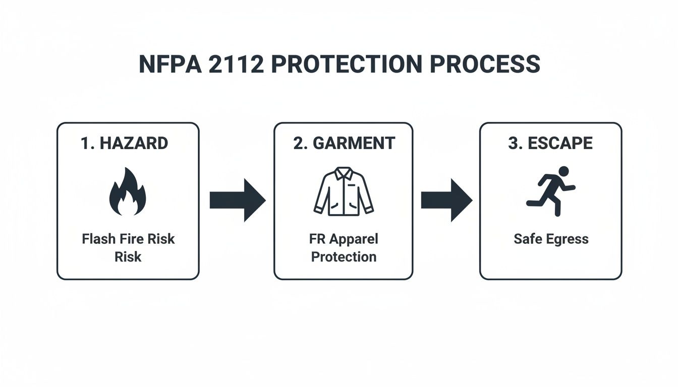 NFPA 2112 protection process flowchart, illustrating hazard, FR garment protection, and safe egress.