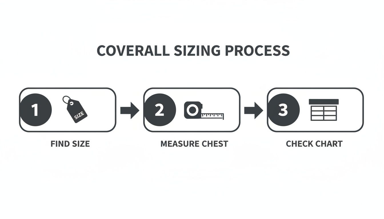 A simple three-step diagram outlining the coverall sizing process: find size, measure chest, check chart.