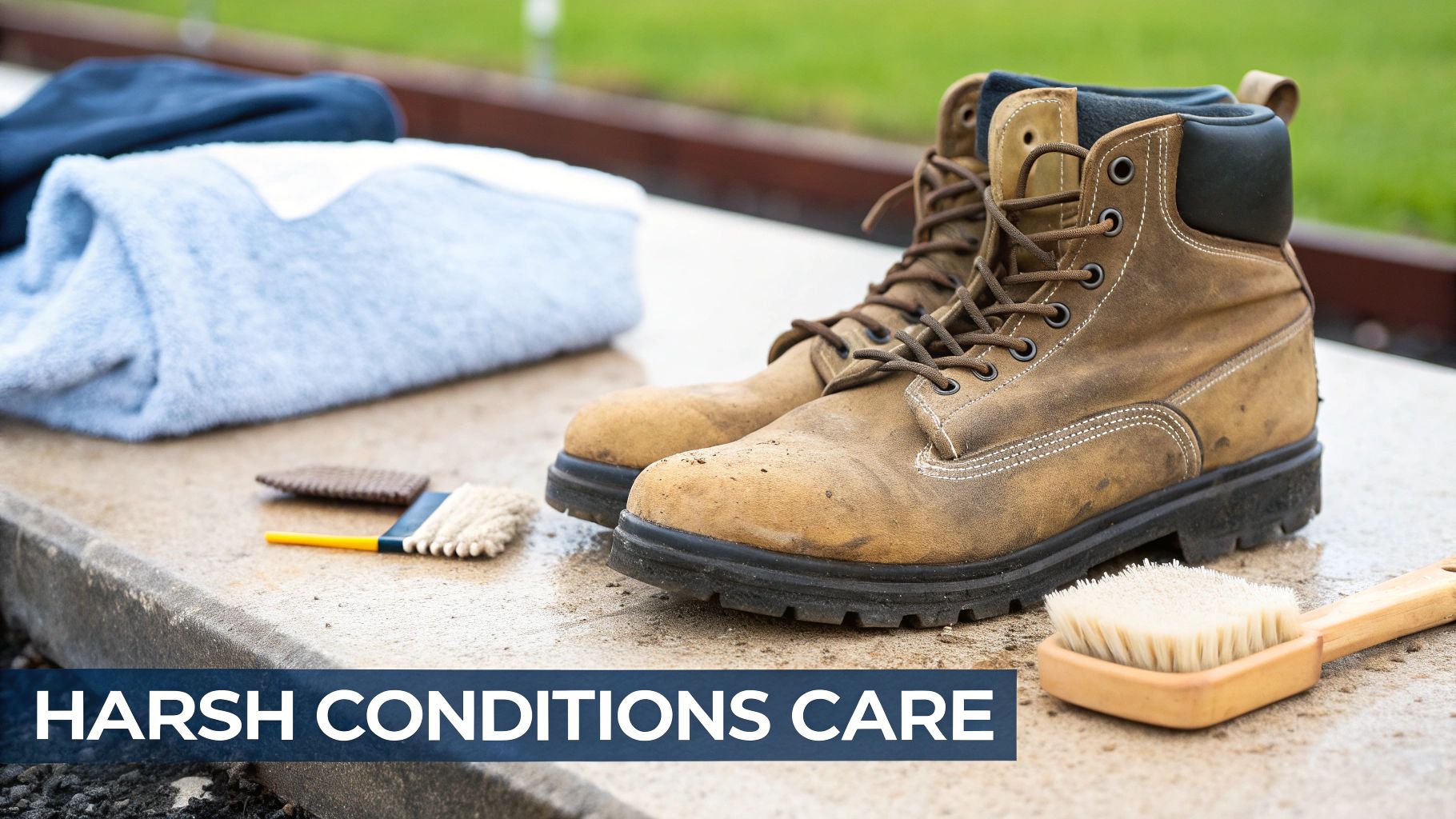 A pair of dirty brown work boots, cleaning brushes, and towels on a wet surface.