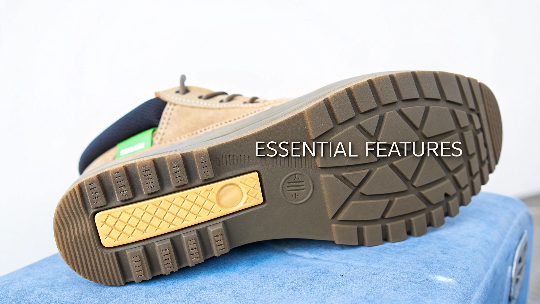 Bottom view of a durable tan work boot sole, showing deep treads and a yellow support insert.