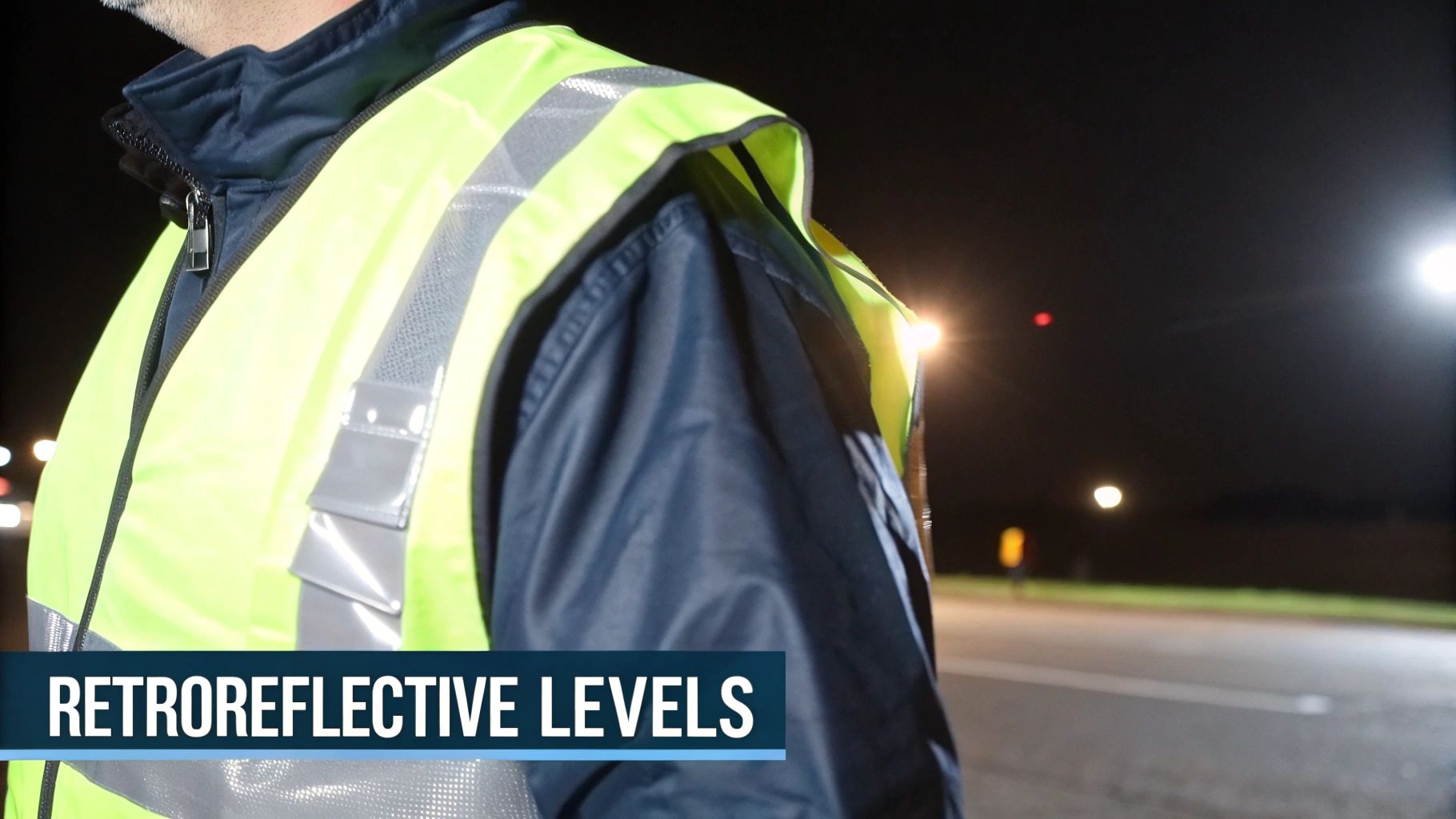 Worker in a high-visibility retroreflective vest at night, illuminated by bright lights.