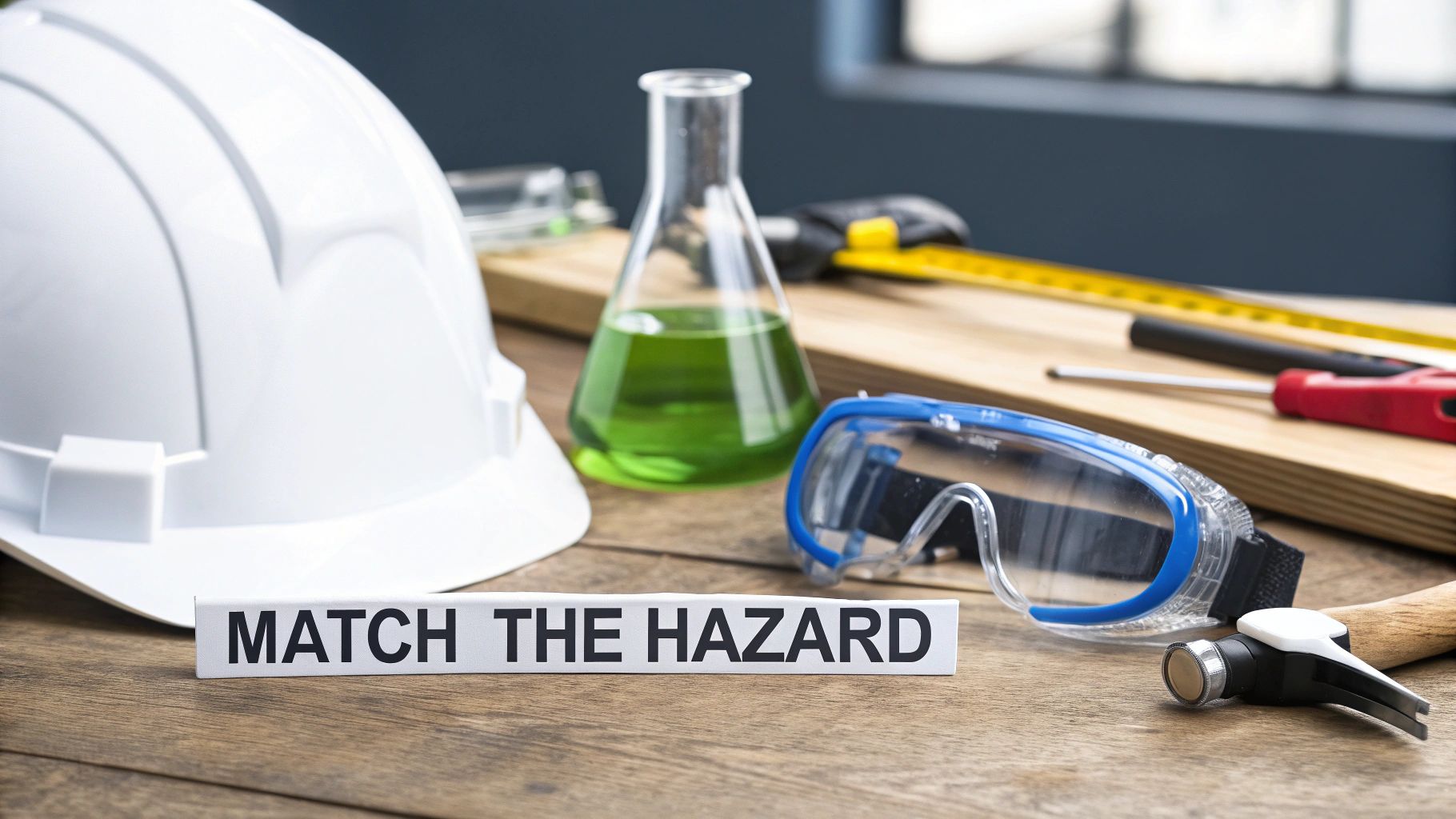 Close-up of safety equipment including a hard hat, beaker with green liquid, and tools on a wooden table.