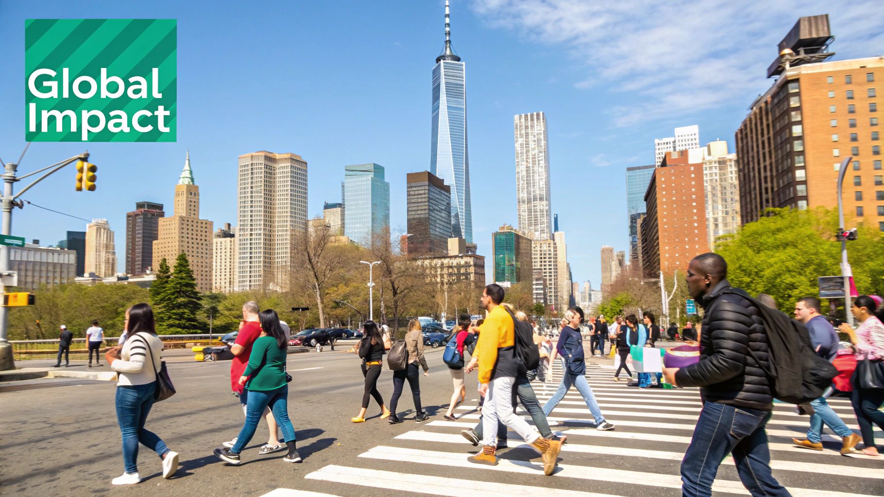 A busy, modern city street with diverse people walking, illustrating the application of human geography in urban planning.