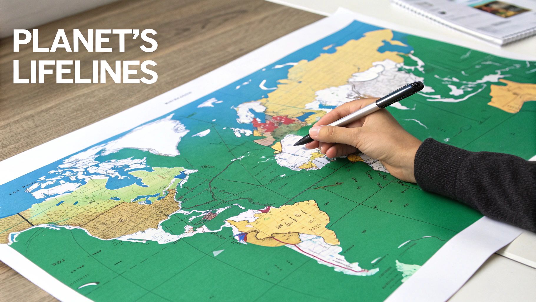 A hand holding a pen traces routes on a large world map titled "PLANET'S LIFELINES".