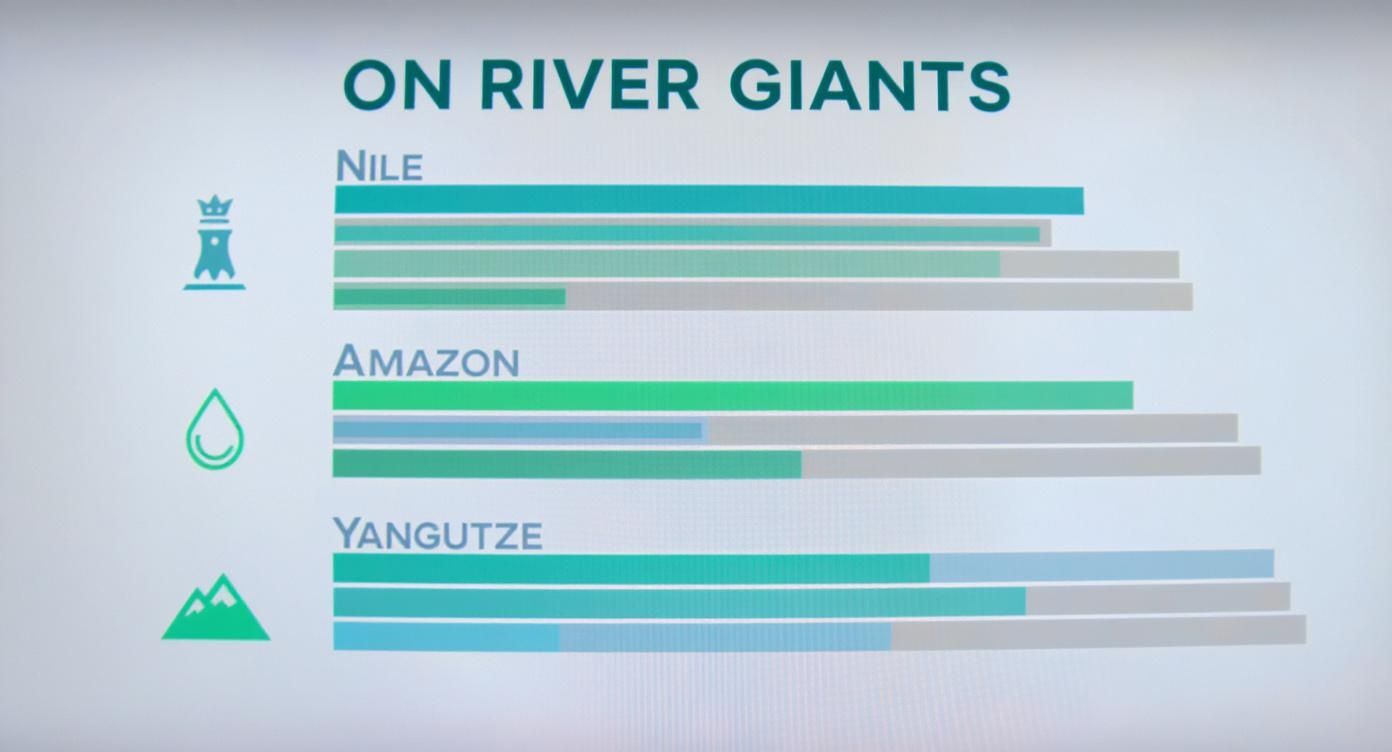 Infographic bar chart comparing Nile, Amazon, and Yangtze rivers with various metrics represented by colored bars and icons.