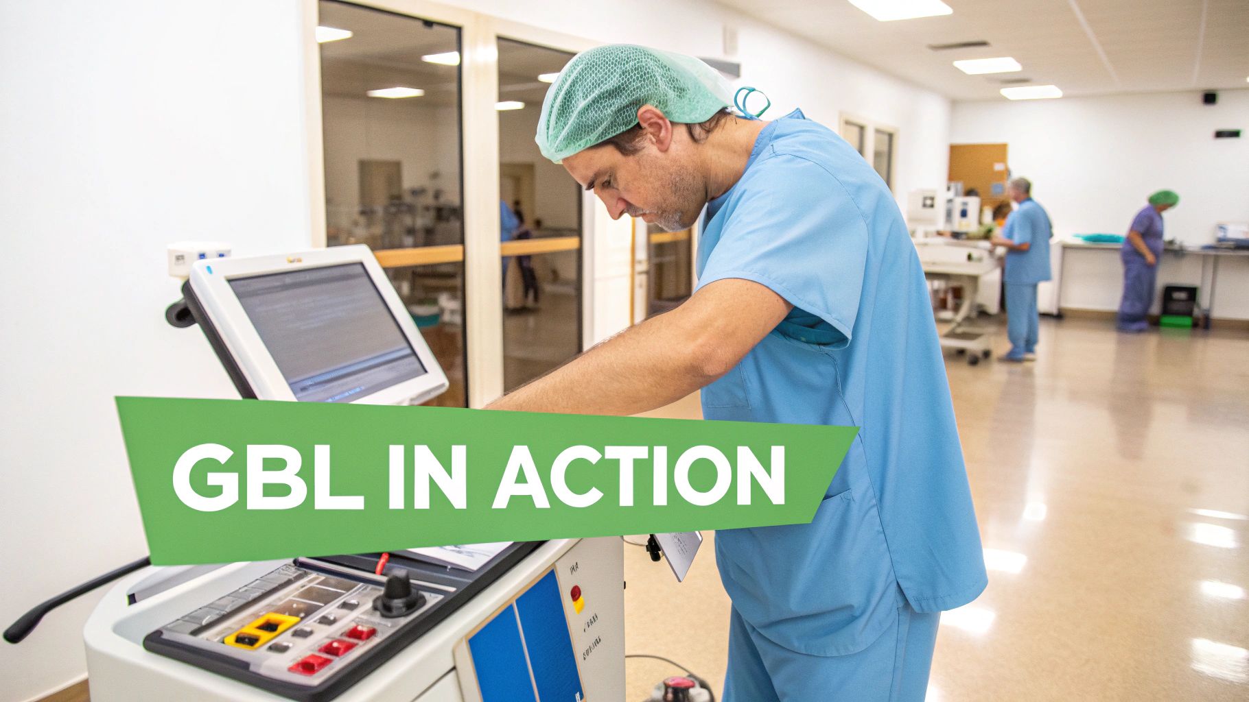 A male doctor in blue scrubs and a surgical cap operates advanced medical equipment in a hospital setting.