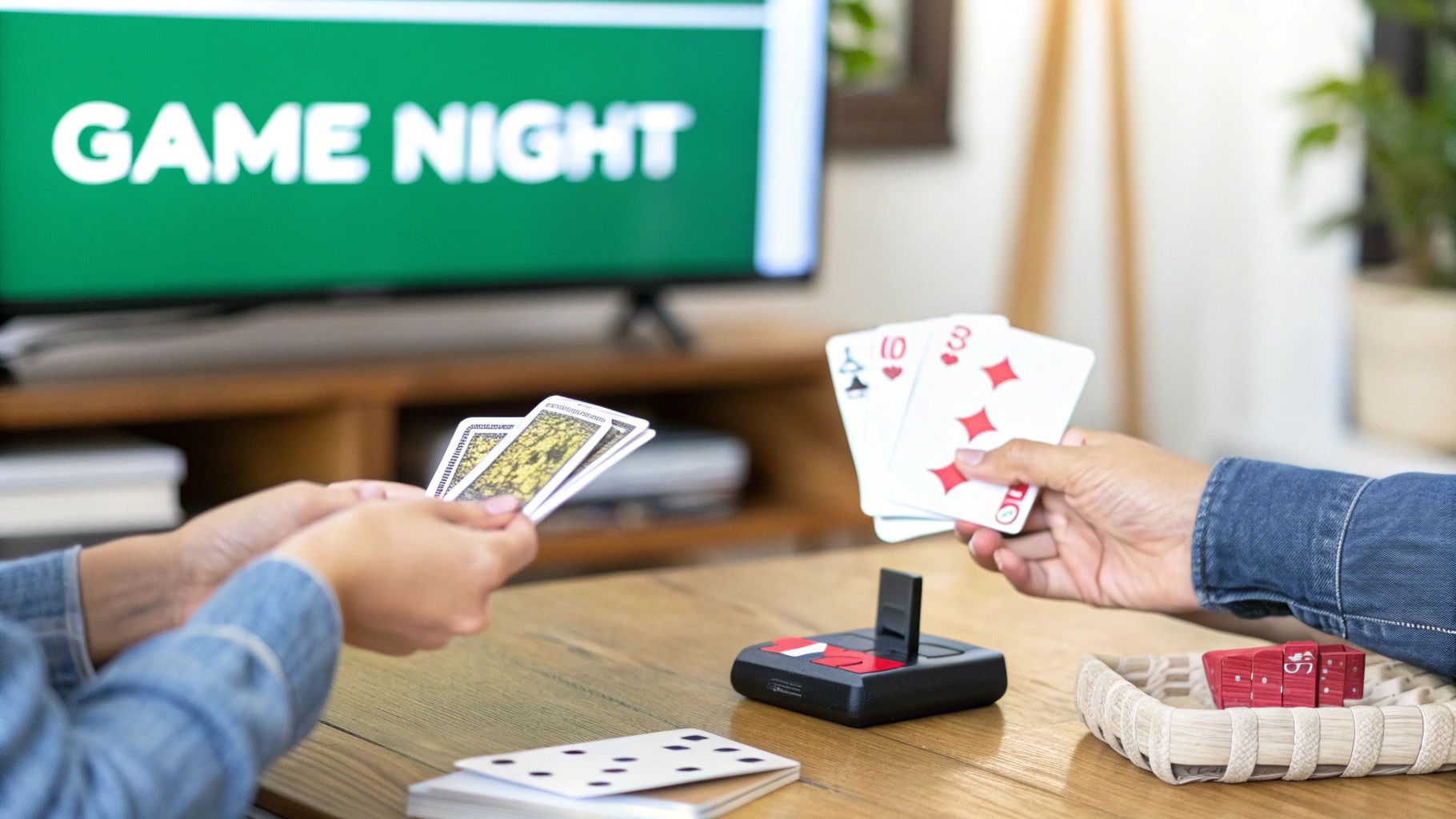 Two people playing a card game on a table, with a TV displaying 'GAME NIGHT' in the background.