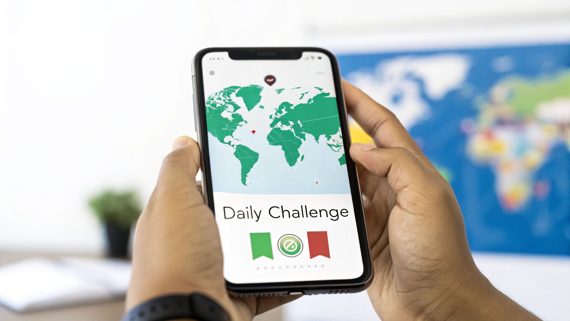 Hands holding a smartphone displaying a world map game for a daily challenge with flags.