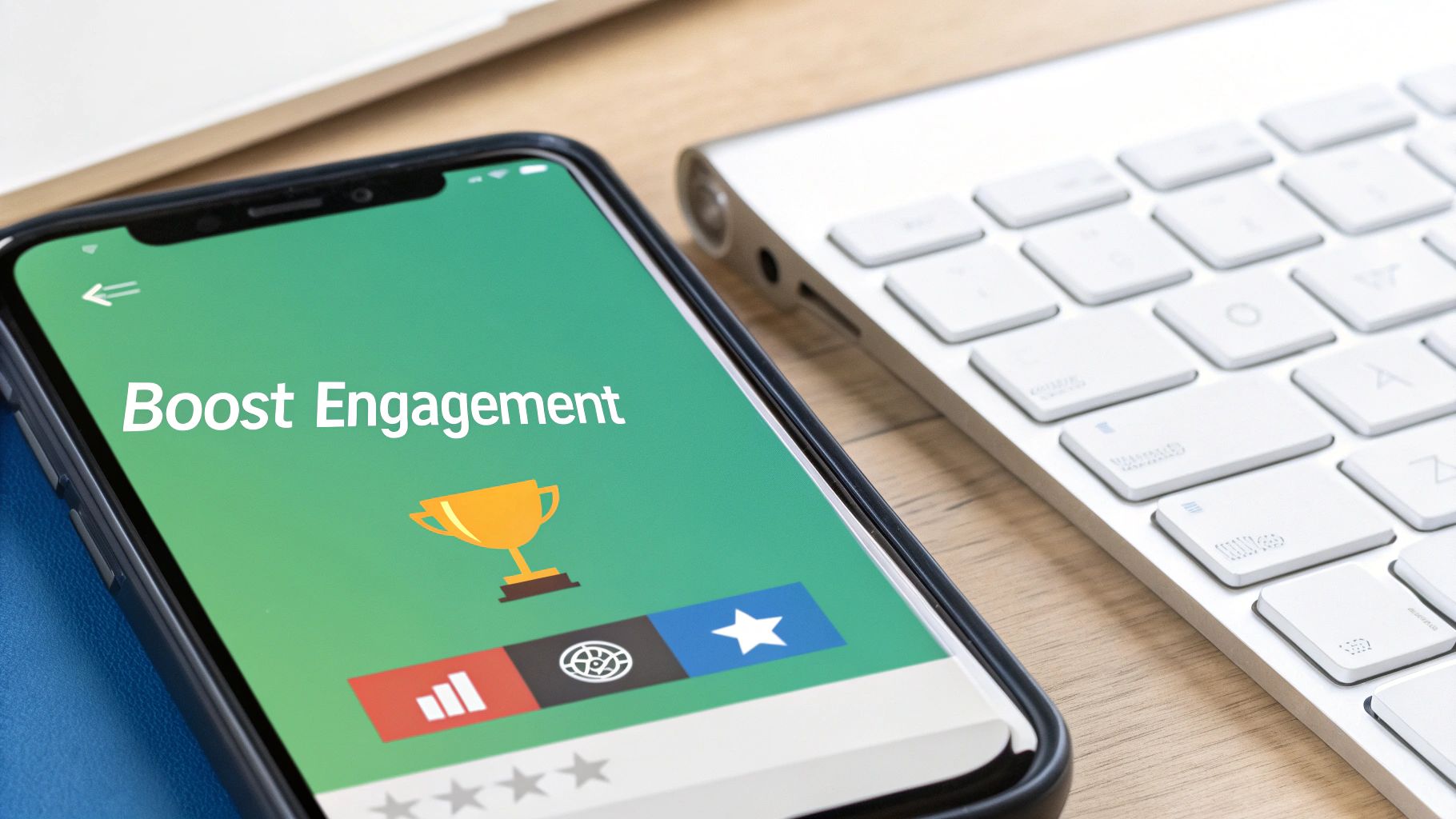 Smartphone displaying 'Boost Engagement' message with a trophy icon, next to a computer keyboard on a desk.
