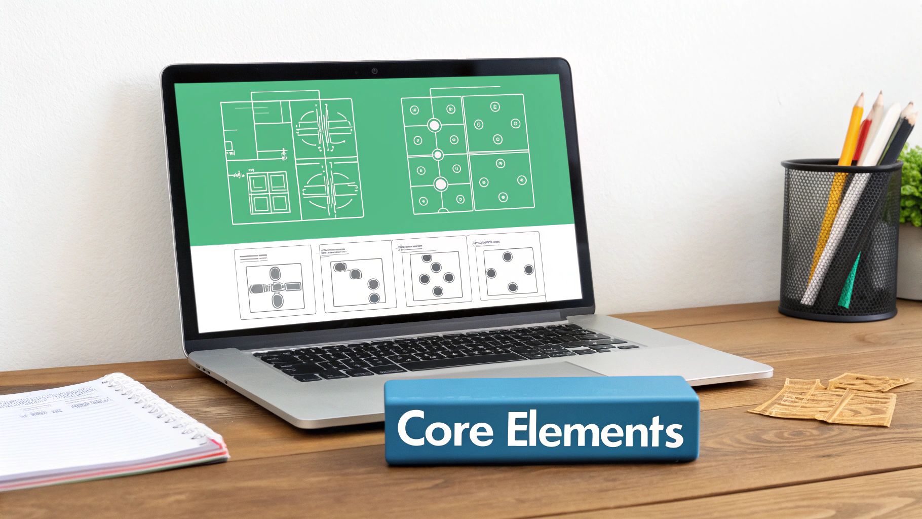 A laptop on a wooden desk displays game design diagrams and learning concepts, with a 'Core Elements' block.