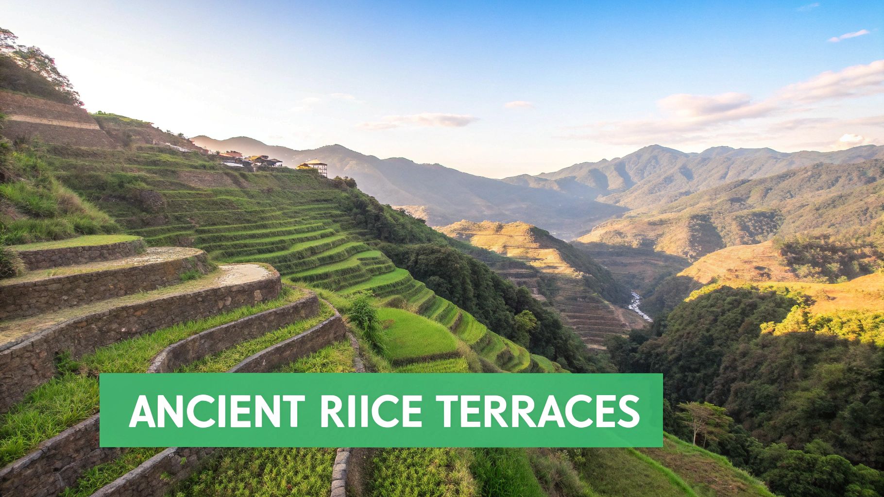 Ancient rice terraces carved into lush green mountains under a bright blue sky, showcasing a valley and distant peaks.