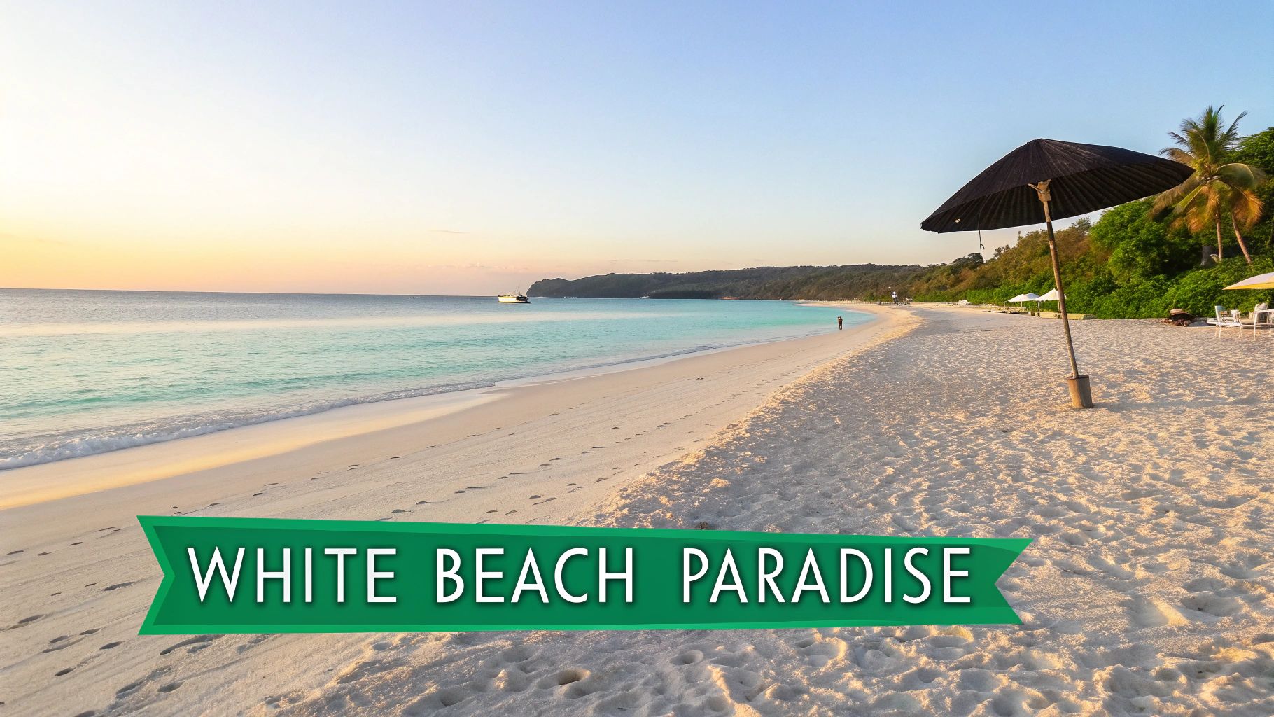 Beautiful white sand beach with turquoise water, a distant boat, and beach umbrellas under a clear sky.