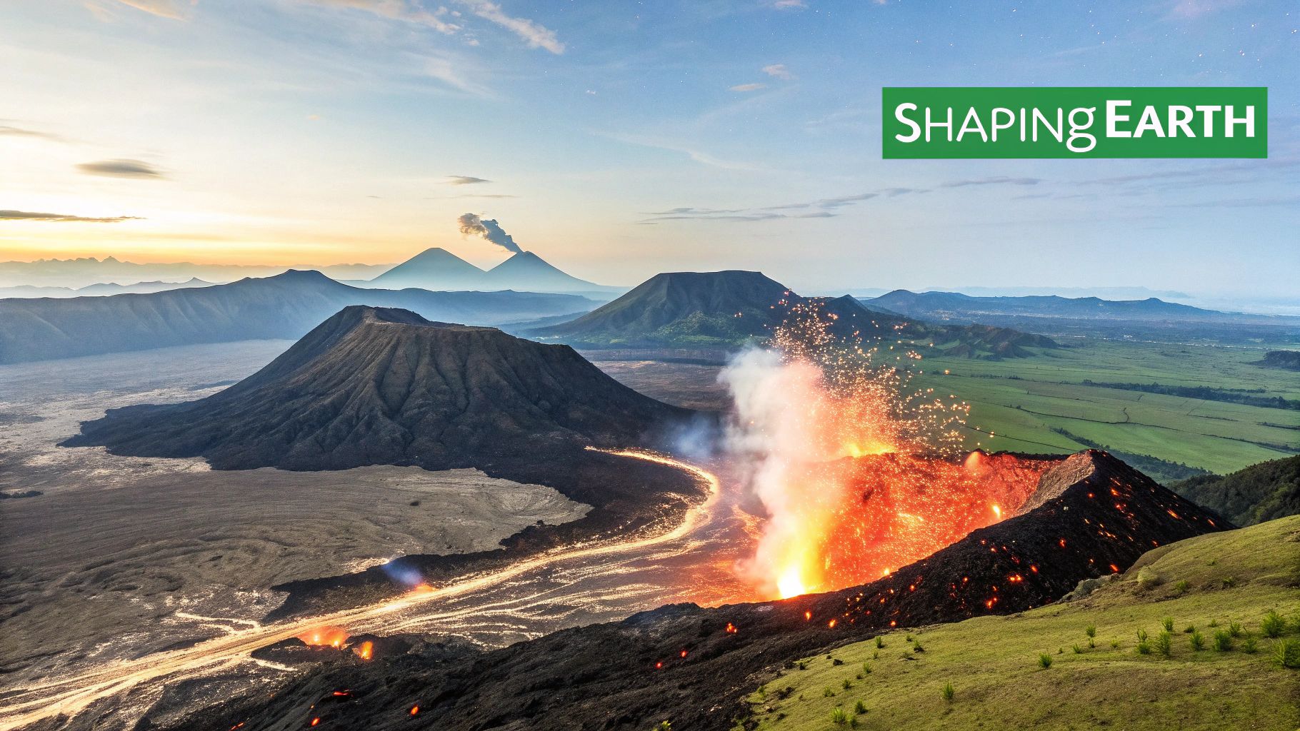 A dramatic landscape showing a volcano erupting near a mountain range, illustrating the powerful geological forces shaped by plate tectonics.
