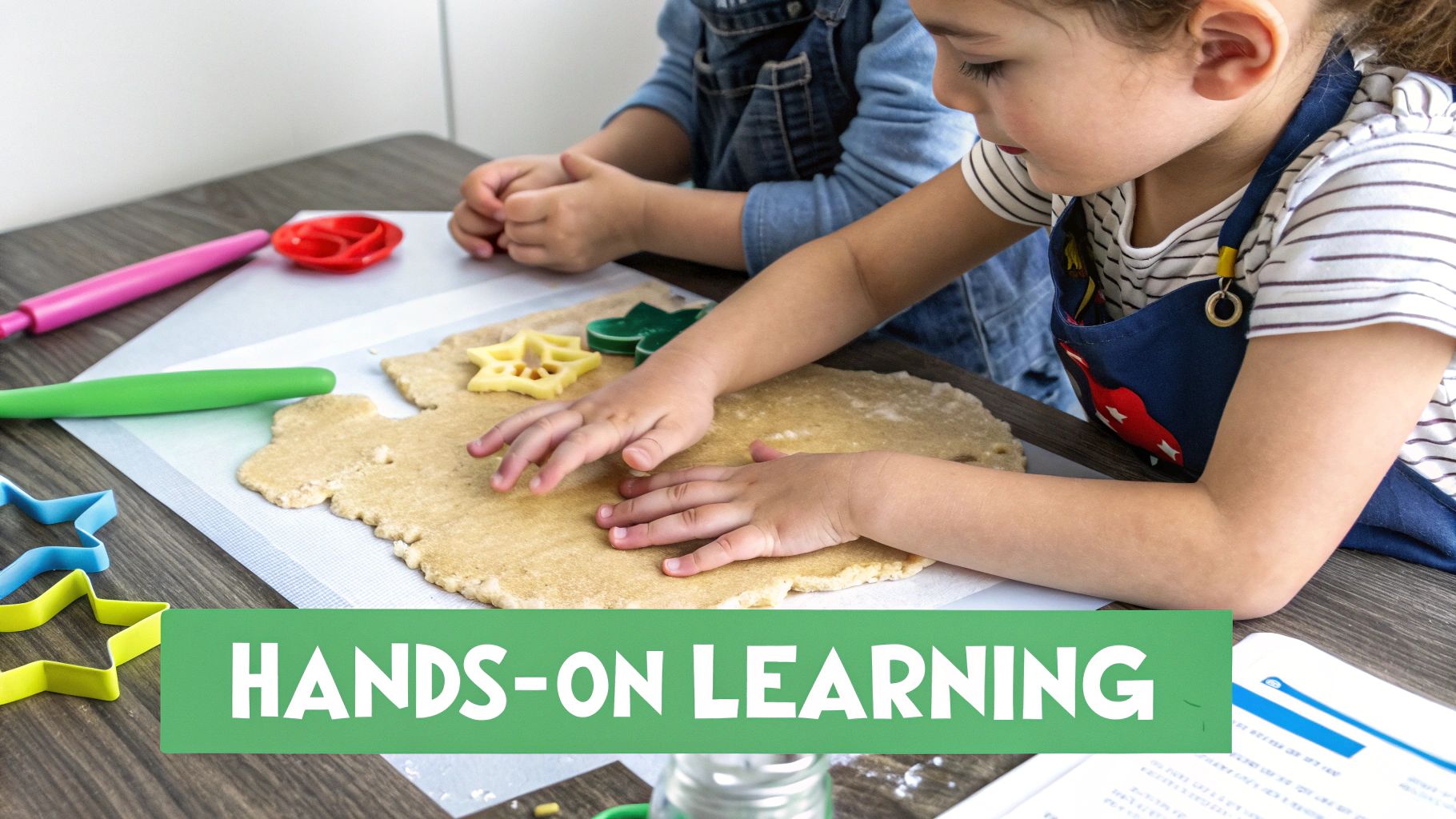 A child's hands working on a colorful salt dough map, bringing a tactile element to learning geography.