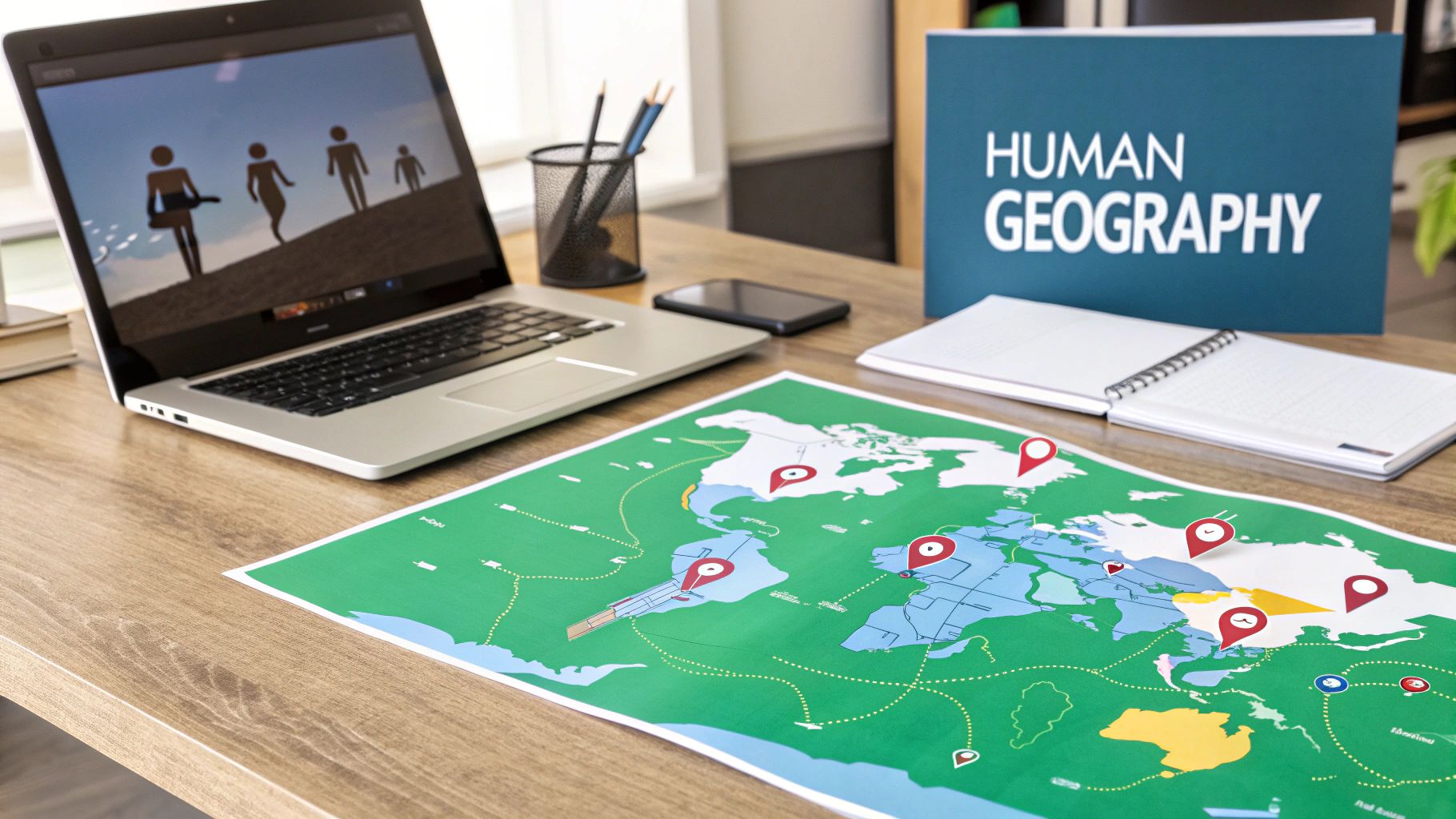 A diverse group of people looking at a large world map, illustrating the connection between humanity and geography.