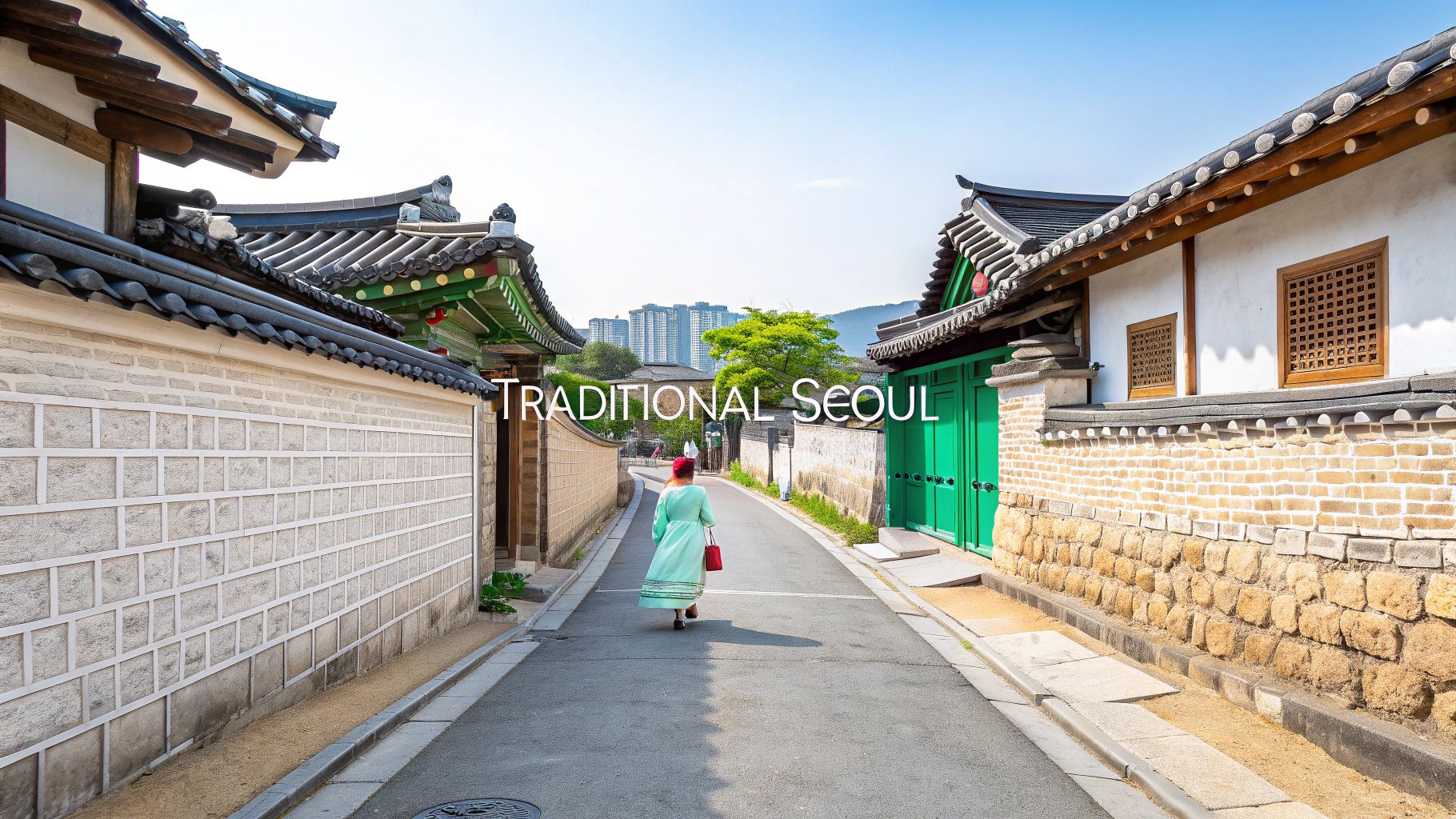 Woman in traditional Korean hanbok walking through historic Bukchon Hanok Village in Seoul