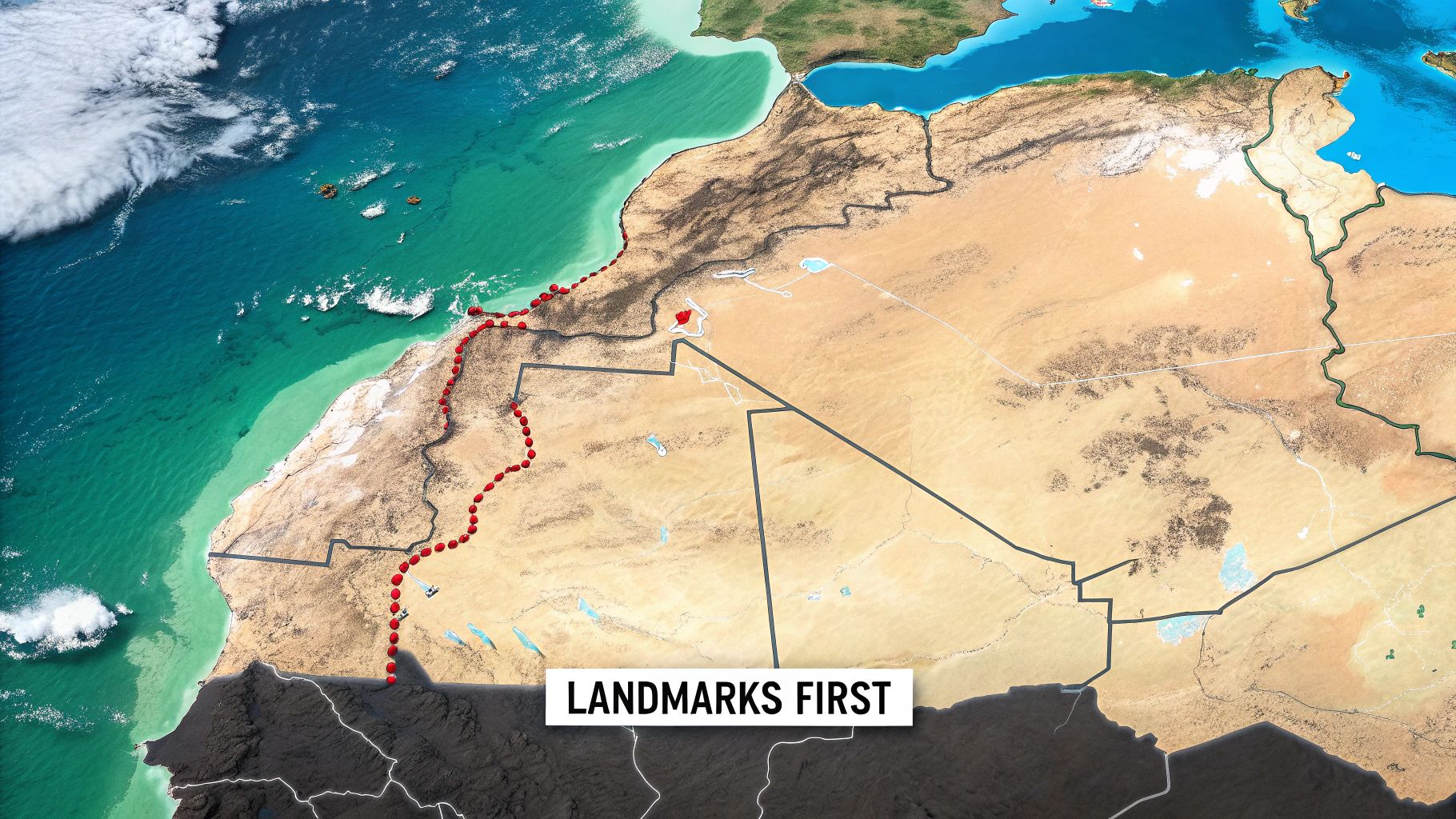 Satellite map of North Africa showing Western Sahara territory marked with red dotted border line