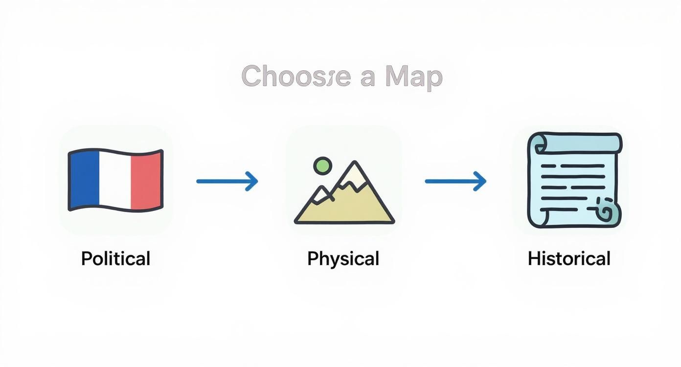 Infographic showing a process flow for choosing a map type from Political, Physical, to Historical