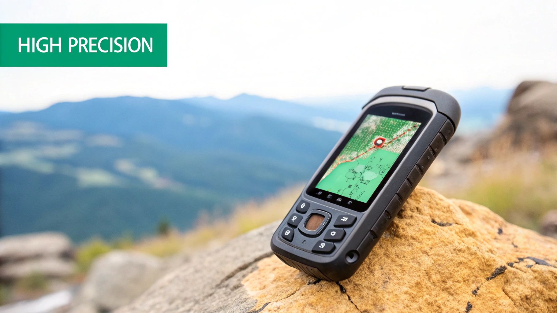 Rugged GPS device displaying a map with a red pinpoint, resting on a rock outdoors.