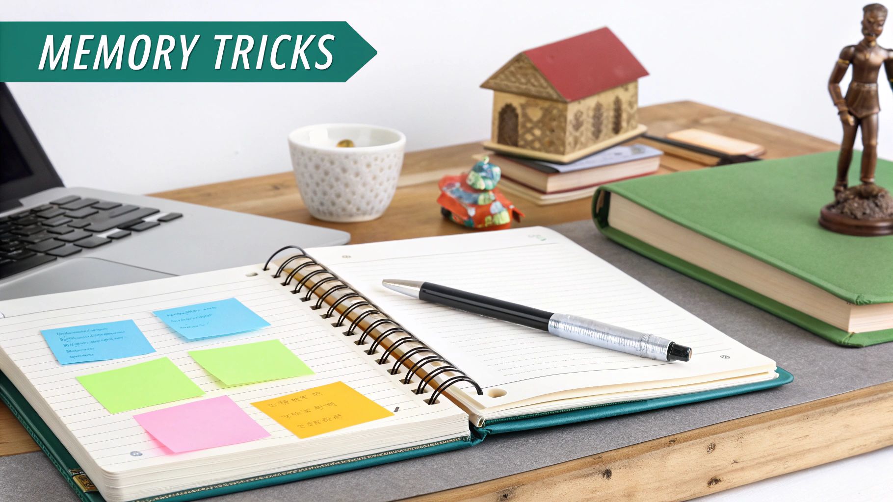 Organized desk with spiral notebook, colorful sticky notes, pens, books, and laptop for studying
