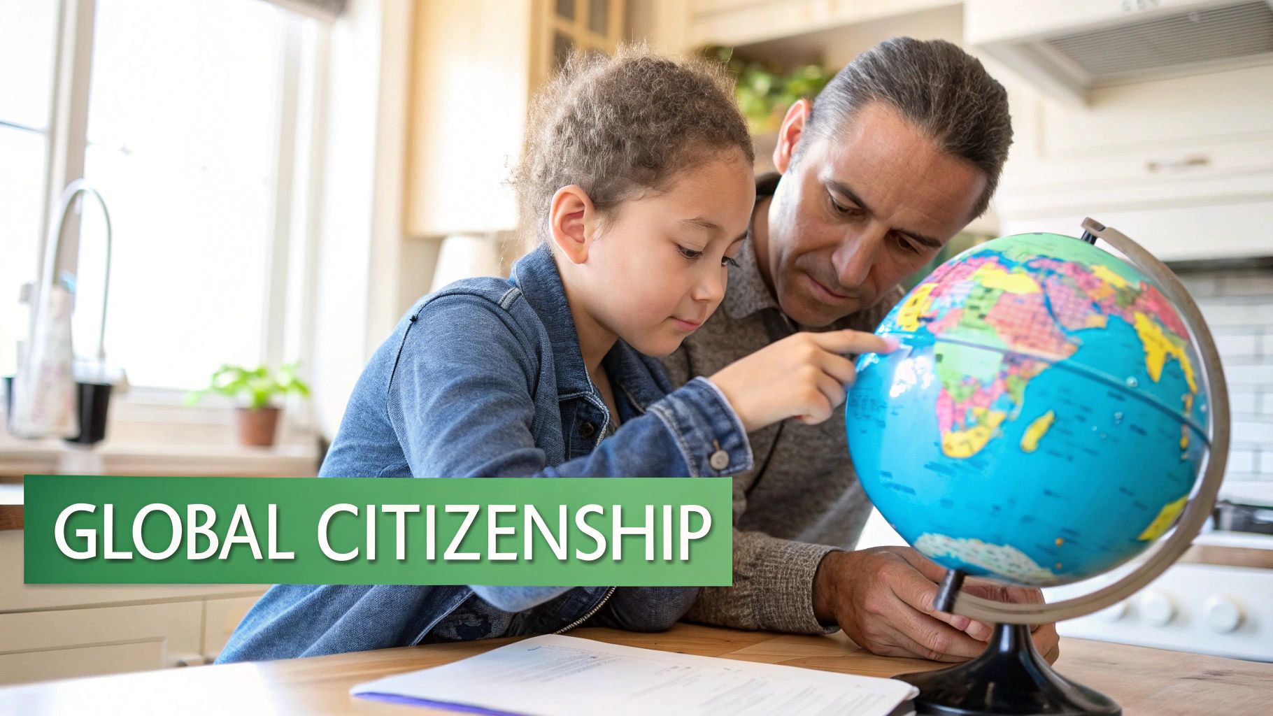 A child looking at a globe with a magnifying glass, representing the wonder of exploring the world.
