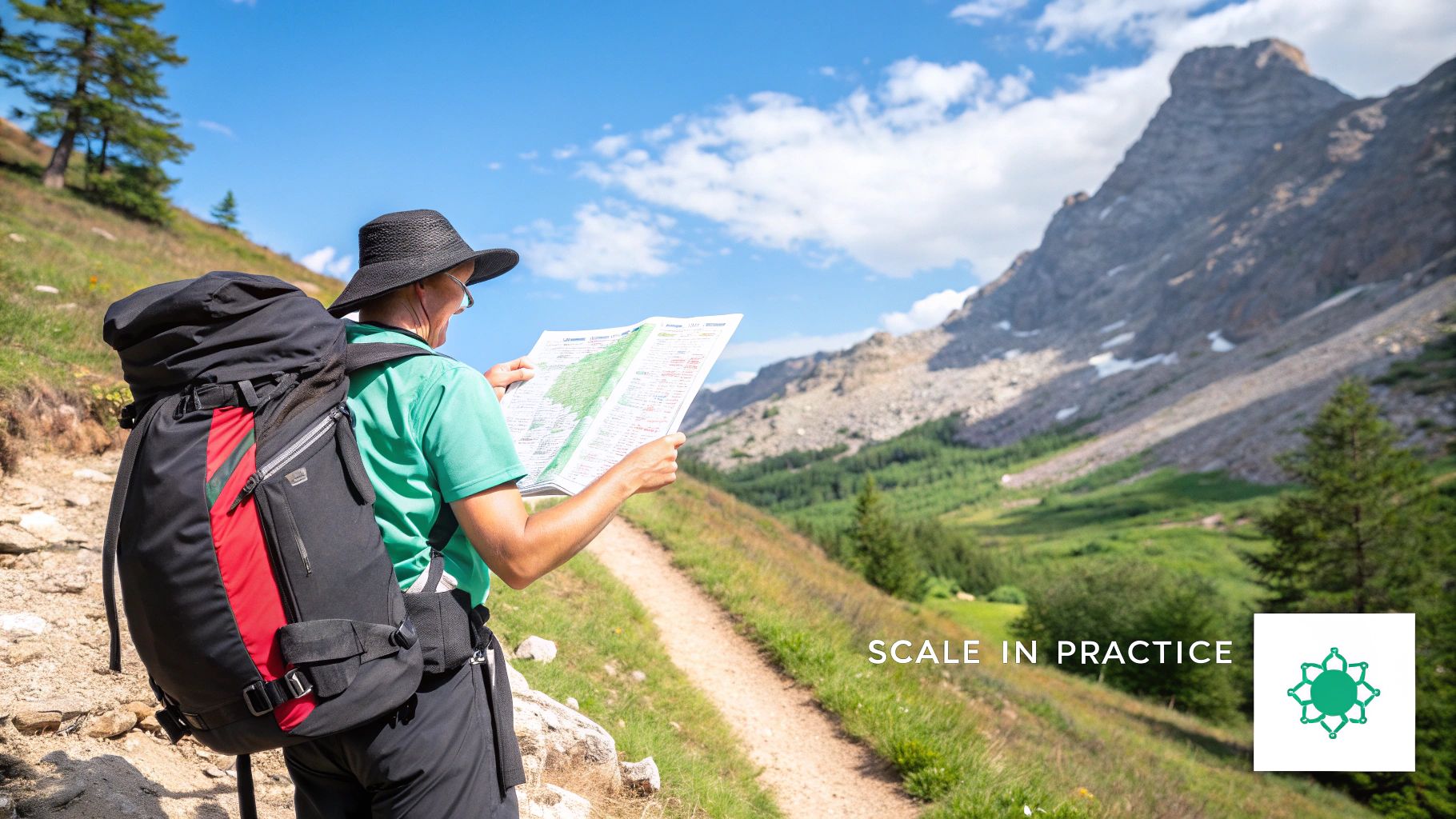 A person measuring a distance on a map with a ruler, with a calculator and notepad nearby.