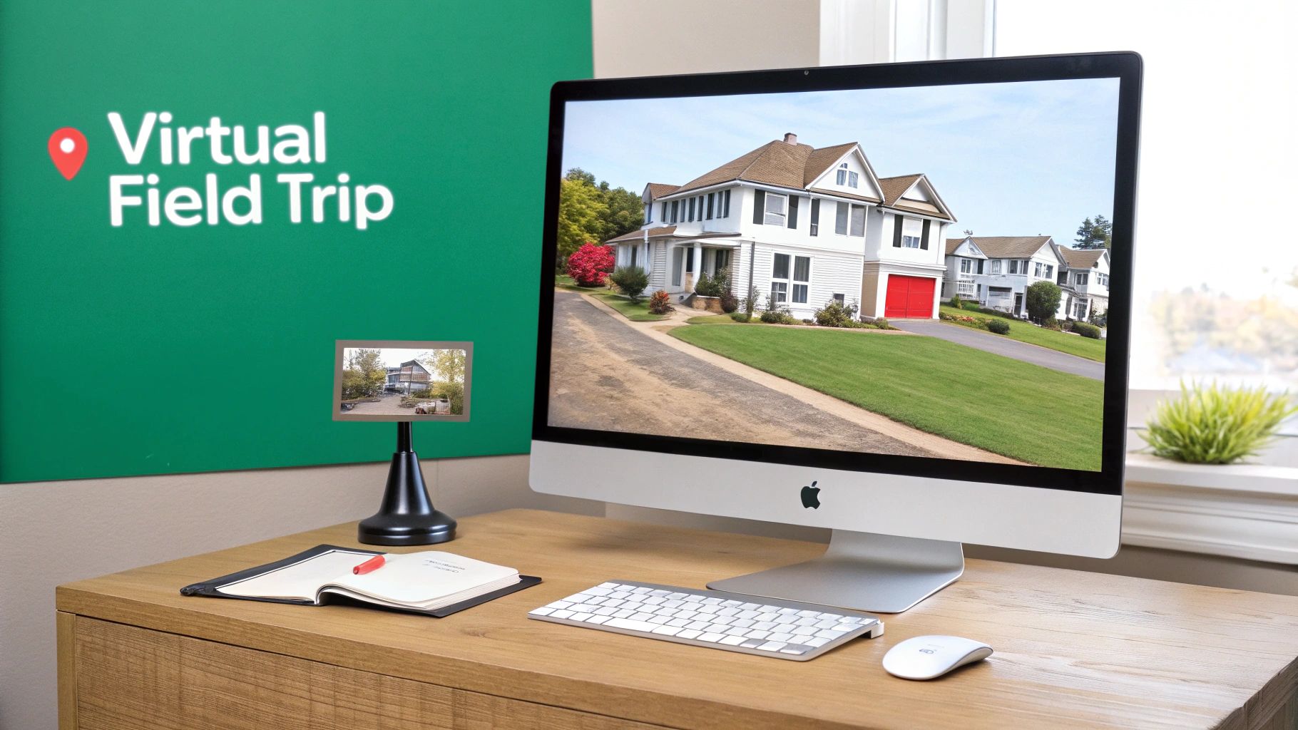 A desktop setup featuring an iMac displaying a virtual field trip of a house, next to a 'Virtual Field Trip' sign.