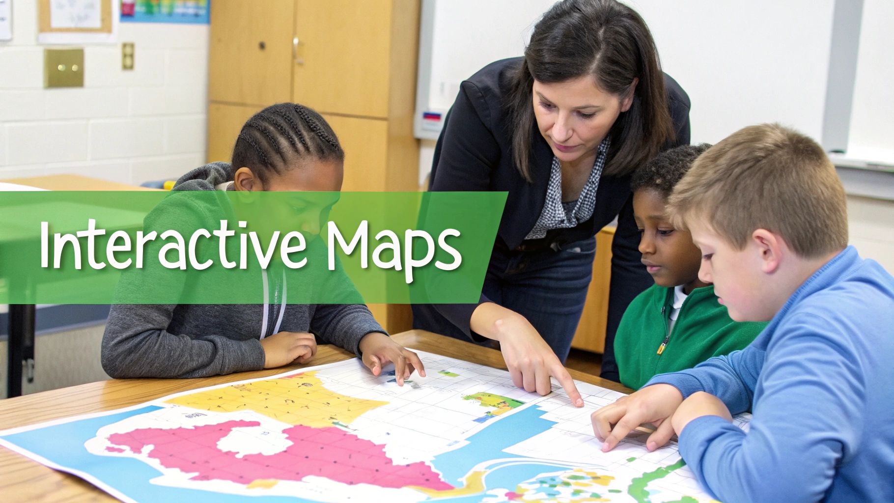 A teacher and three diverse young students engage with a large, colorful map on a classroom table.