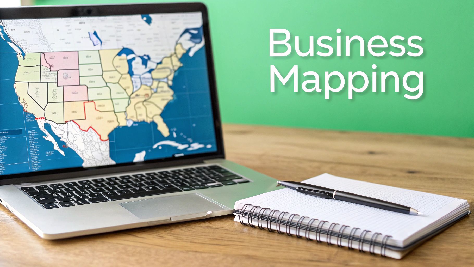 Laptop with North America business map, a notebook, and pen on a desk. Green wall reads 'Business Mapping'.