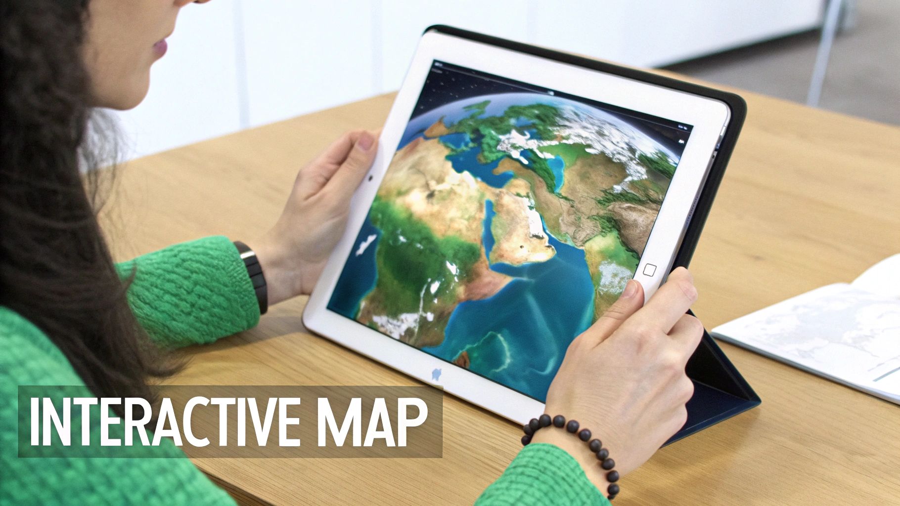 A person holding a tablet displaying an interactive 3D map of Earth, showing Africa and the Middle East.