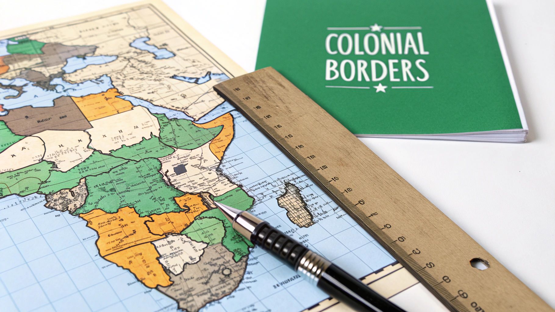 An old map of Africa with a wooden ruler, a pen, and a green book titled 'Colonial Borders'.