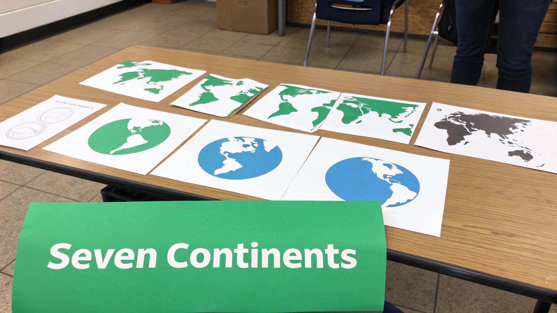 A colorful world map showing the seven continents labeled