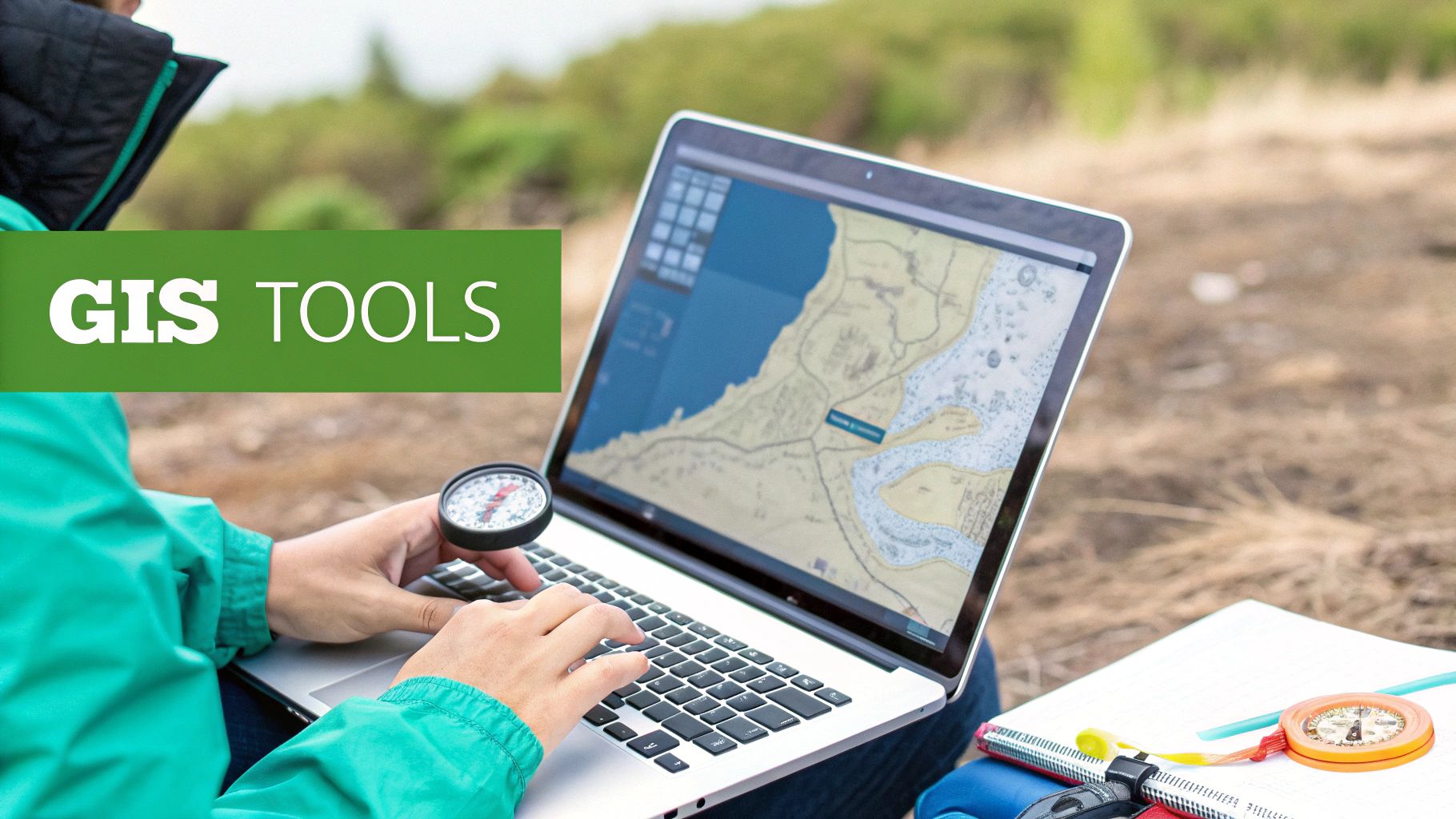 A scientist using a tablet in the field to analyze geographic data, with a mountainous landscape in the background.